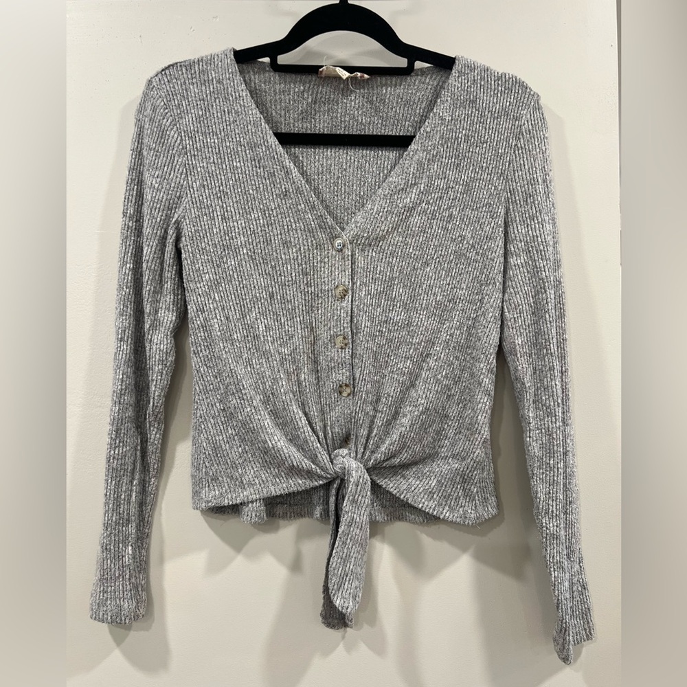 Pink Rose Gray Ribbed Knit Button-Down Top